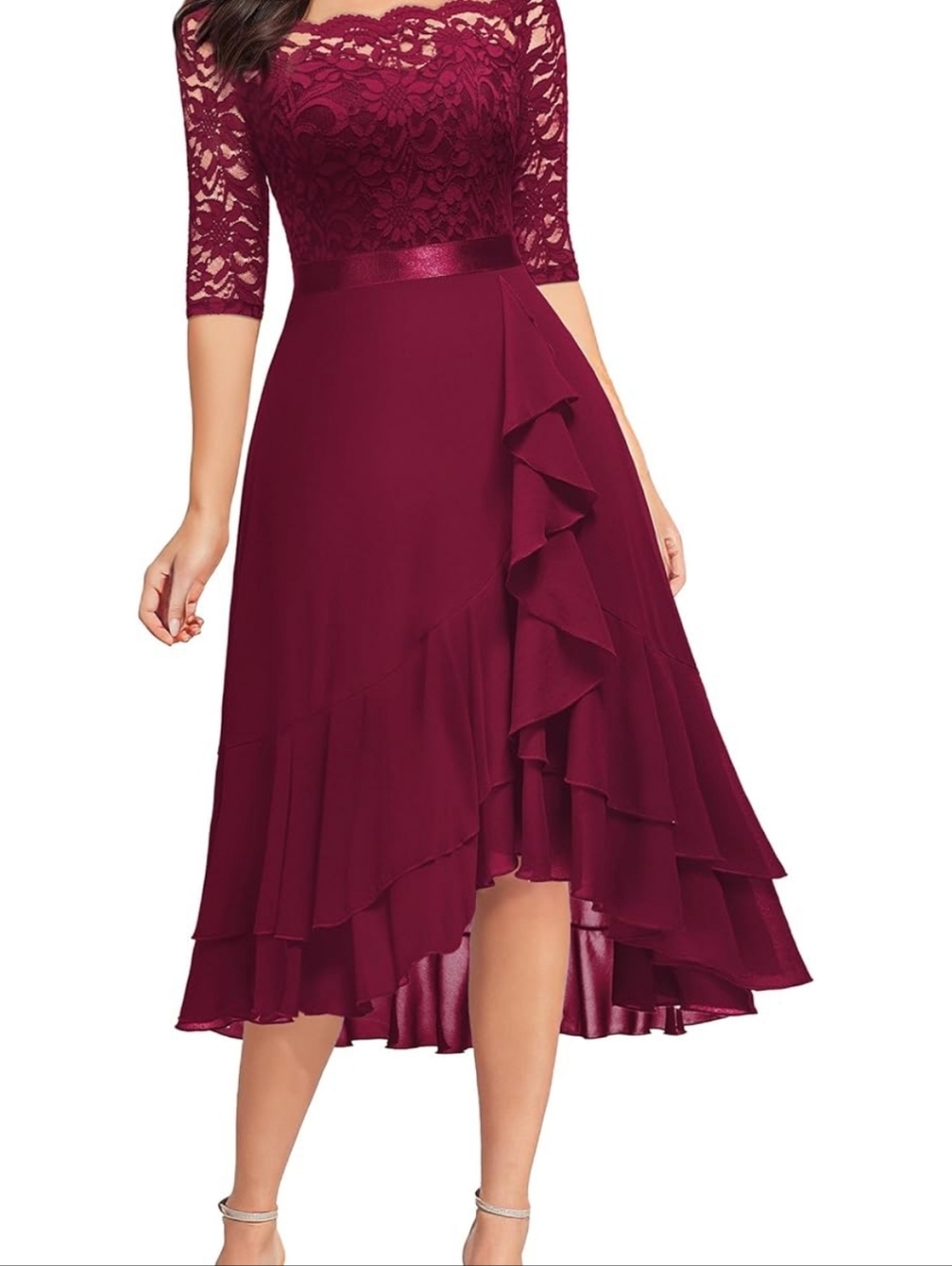 Elegant Burgundy Lace Midi Dress with Ruffle Skirt